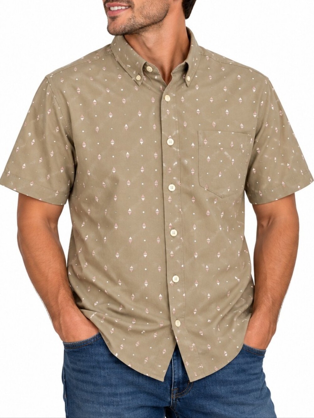 ARGYLE CULTURE | Men’s Tan Geometric Print Button-Up Shirt Size XL